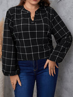Plus Black Plaid V Neck Puff Sleeve Blouse