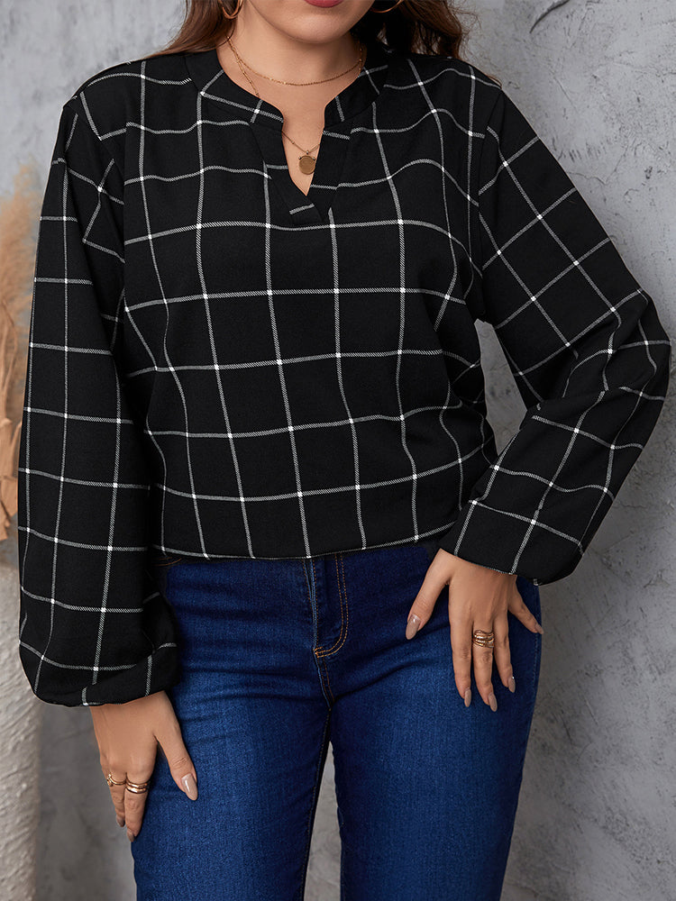 Plus Black Plaid V Neck Puff Sleeve Blouse