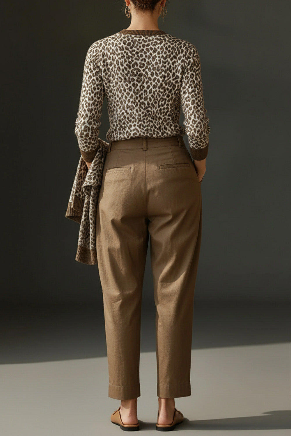 Plus Size Business Casual Khaki Leopard V Neck Long Sleeve Casual Crochet Sweaters