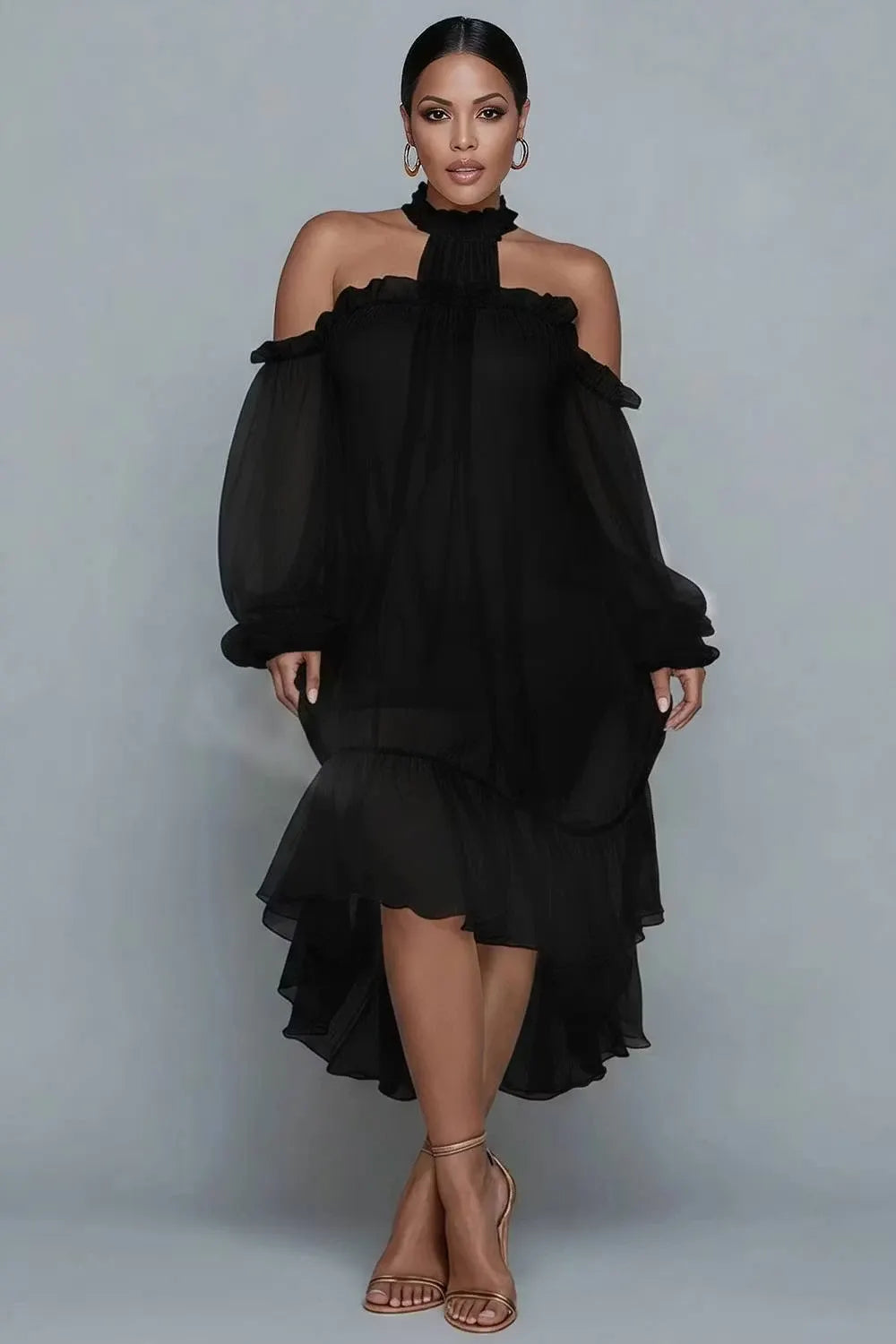 Xpluswear Design Plus Size Birthday White Halter Collar Cold Shoulder Long Sleeve Ruffle Asymmetric Hem Irregular Hem Chiffon Midi Dresses