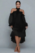 Xpluswear Design Plus Size Birthday Black Halter Collar Cold Shoulder Long Sleeve Ruffle Asymmetric Hem Irregular Hem Chiffon Midi Dresses