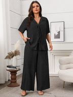 Solid Tie-Front Top & Wide Leg Pants Set