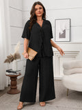 Solid Tie-Front Top & Wide Leg Pants Set