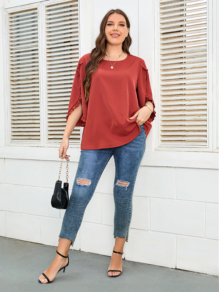 Plus Orange Frill Trim Sleeves Blouse