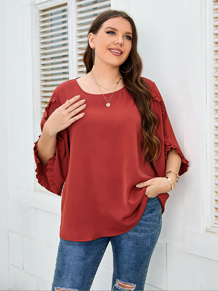 Plus Orange Frill Trim Sleeves Blouse
