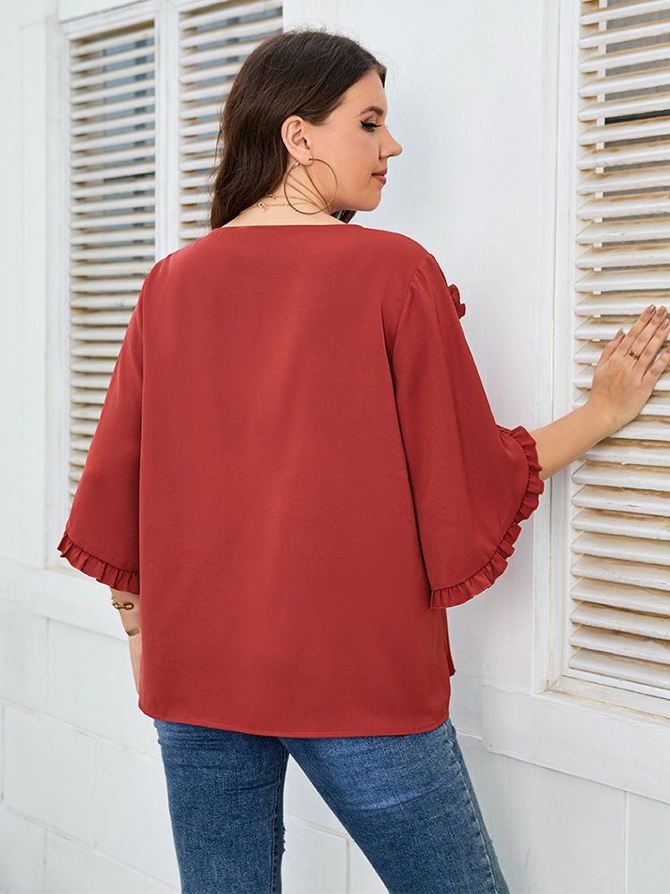 Plus Orange Frill Trim Sleeves Blouse