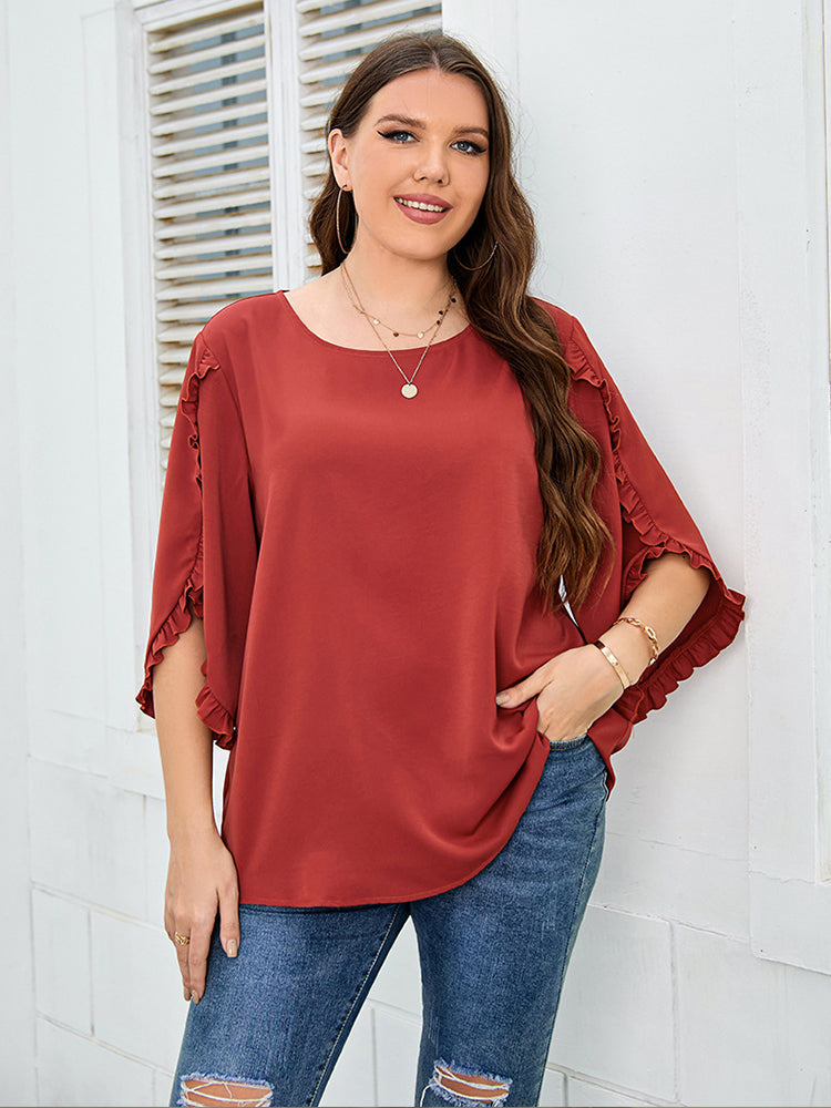 Plus Orange Frill Trim Sleeves Blouse