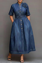 Xpluswear Design Plus Size Business Casual Casual Blue Stand-Up Collar Short Sleeve 3D Pocket Tencel Denim Maxi Dresses