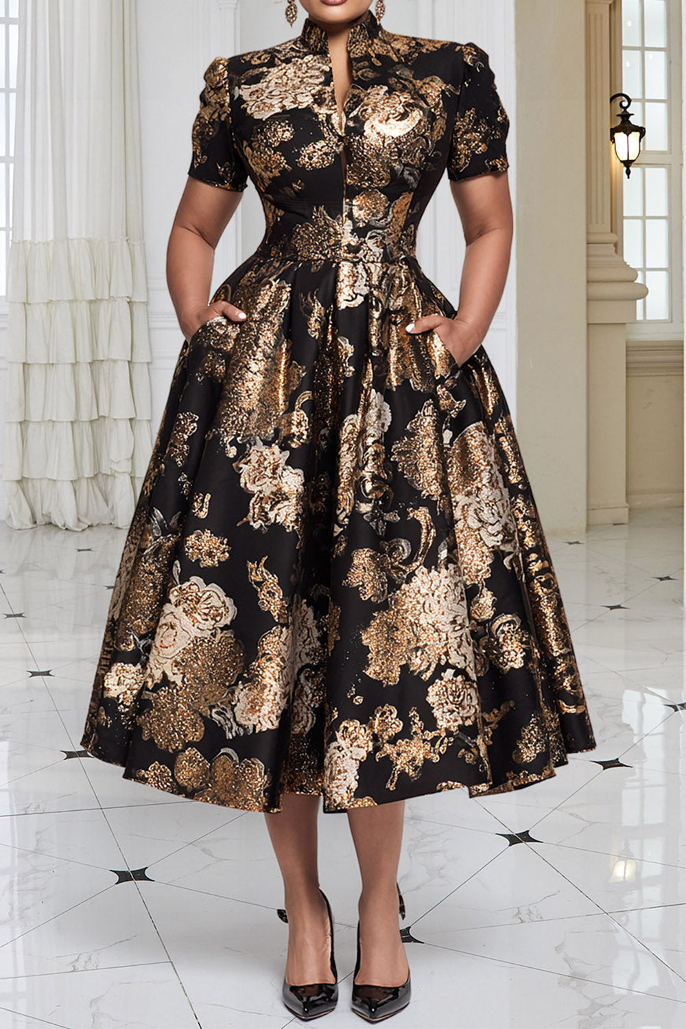 Xpluswear Design Plus Size Formal Black All Over Print Stand-Up Collar Short Sleeve Pocket Elegant Satin Midi Dresses