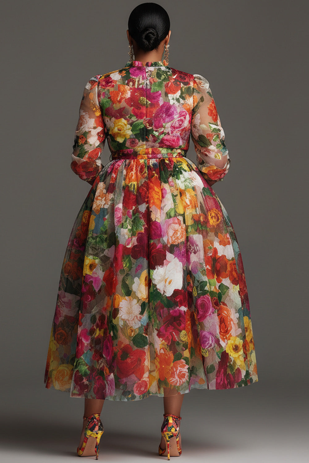 Xpluswear Design Plus Size Cocktail Party Multicolor Floral Round Neck Long Sleeve Pocket Chiffon Midi Dresses