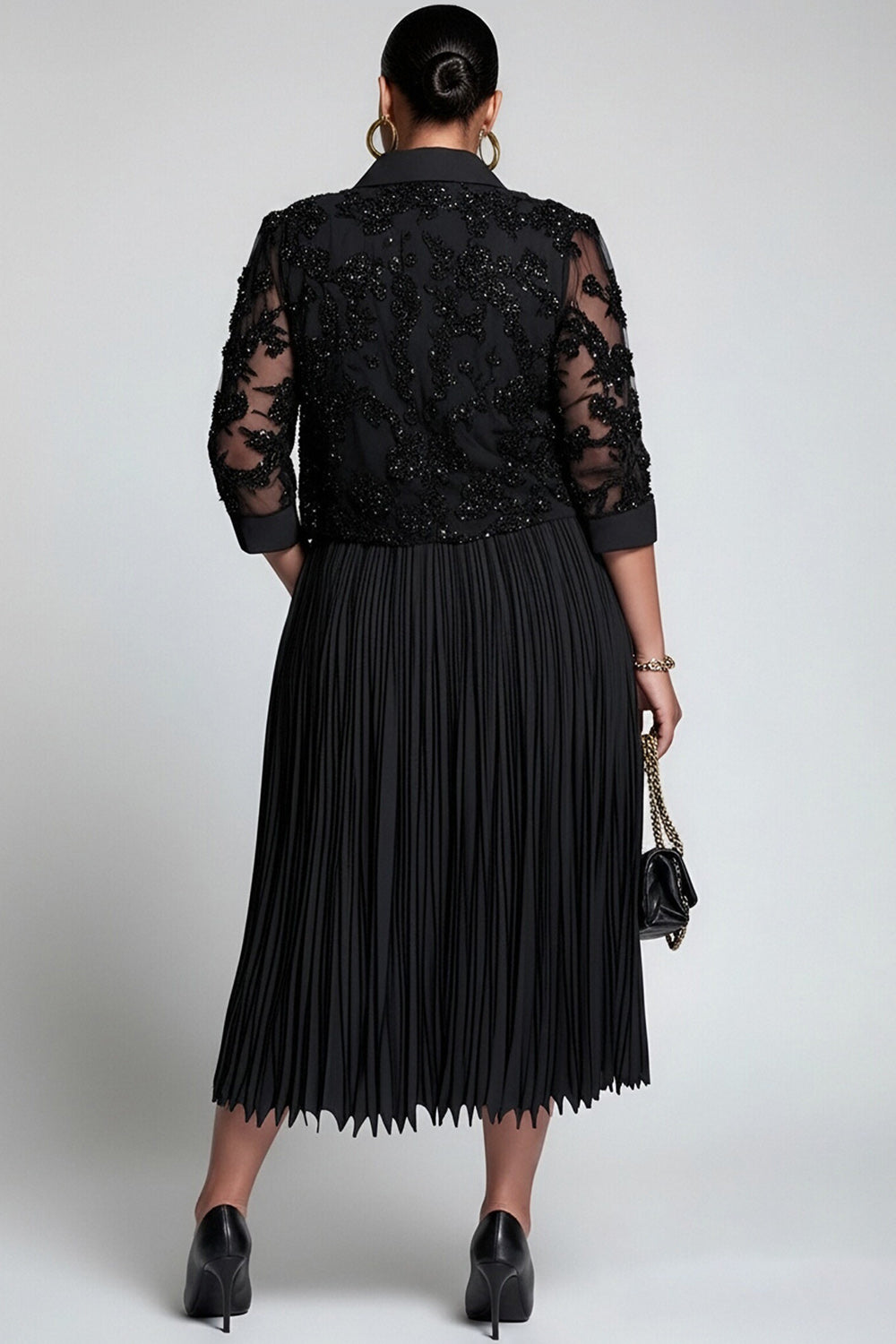 Xpluswear Design Plus Size Churchs Black Shirt Collar 3/4 Sleeve Pleated Elegant Pocket Lace Two Piece Skirt Sets