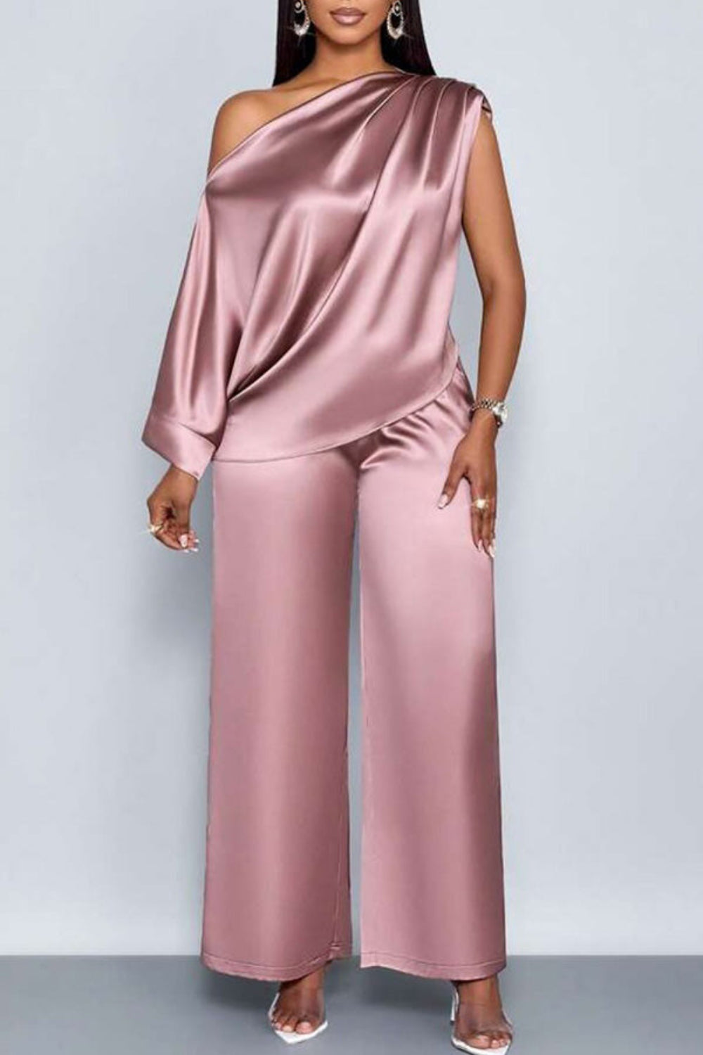 Plus Size Business Casual Pink Elegant Oblique Collar Short Sleeve Pocket Satin Two Piece Pant Sets