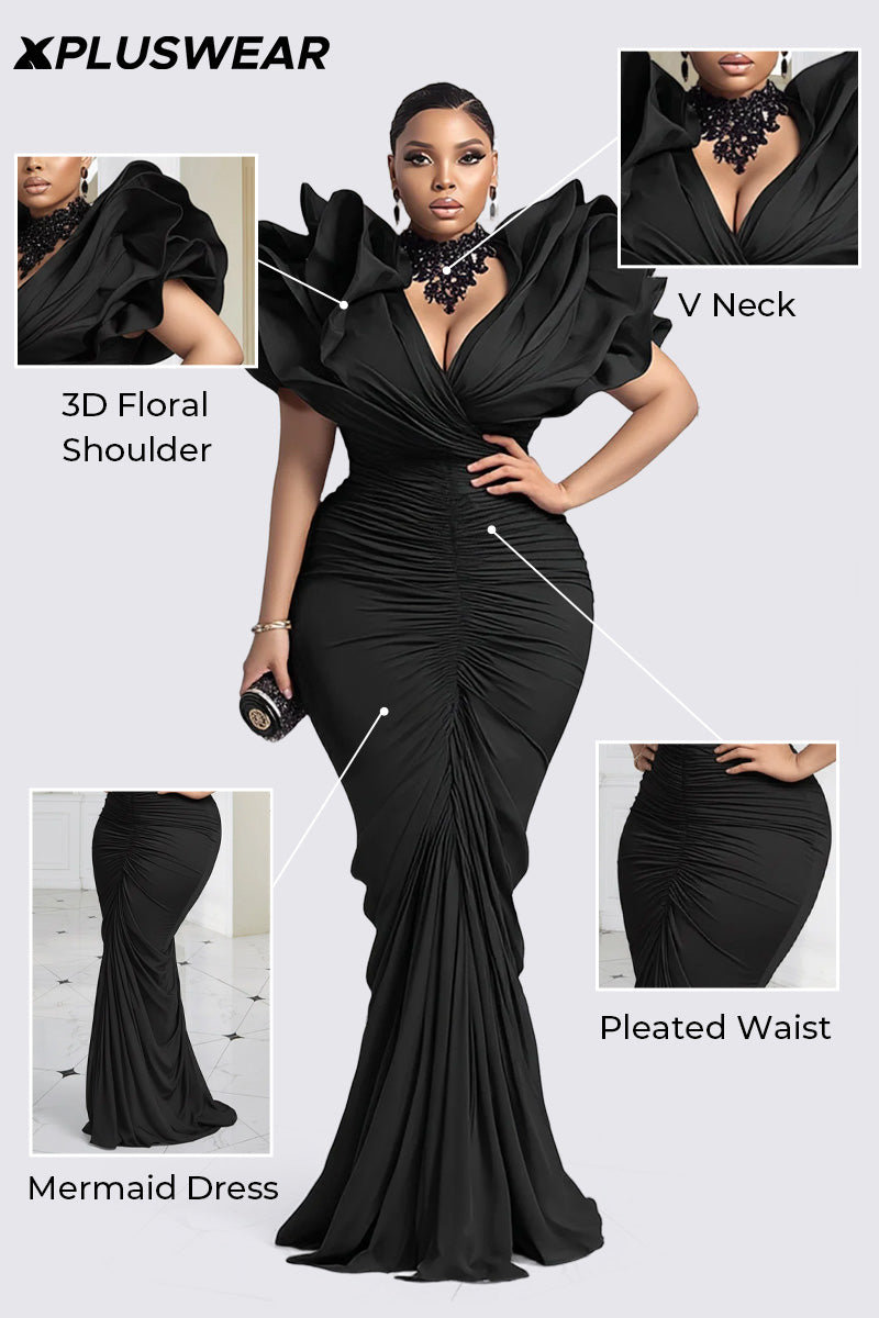 Xpluswear Design Plus Size Formal Black V Neck 3D Elegant Bodycon Maxi Dresses