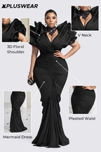 Xpluswear Design Plus Size Formal Black V Neck 3D Elegant Bodycon Maxi Dresses