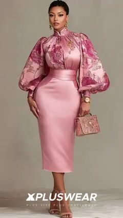 Xpluswear Design Plus Size Wedding Guest Pink Floral Stand-Up Collar Lantern Sleeve Long Sleeve Bodycon Satin Midi Dresses