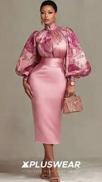 Xpluswear Design Plus Size Wedding Guest Pink Floral Stand-Up Collar Lantern Sleeve Long Sleeve Bodycon Satin Midi Dresses