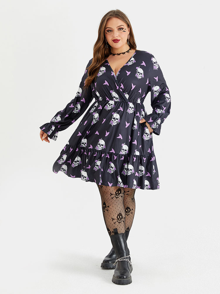 VIP Halloween Print Flounce Sleeve Pocket Ruffle Trim Dress