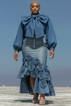 Xpluswear Design Plus Size Cocktail Party Blue Puff Sleeve Long Sleeve Bodycon Elegant Bow Tie Denim Two Piece Skirt Sets