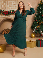 Plus V-Neck Belted Lantern Sleeve Maxi Dress