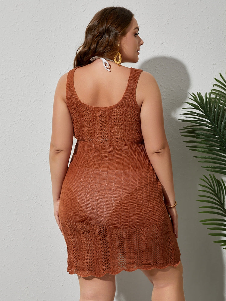 Plus Red Brown Flutter Hem Crochet Cover Up Dress