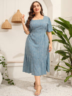 Plus Blue Floral Puff Sleeve Ruffle Hem Dress