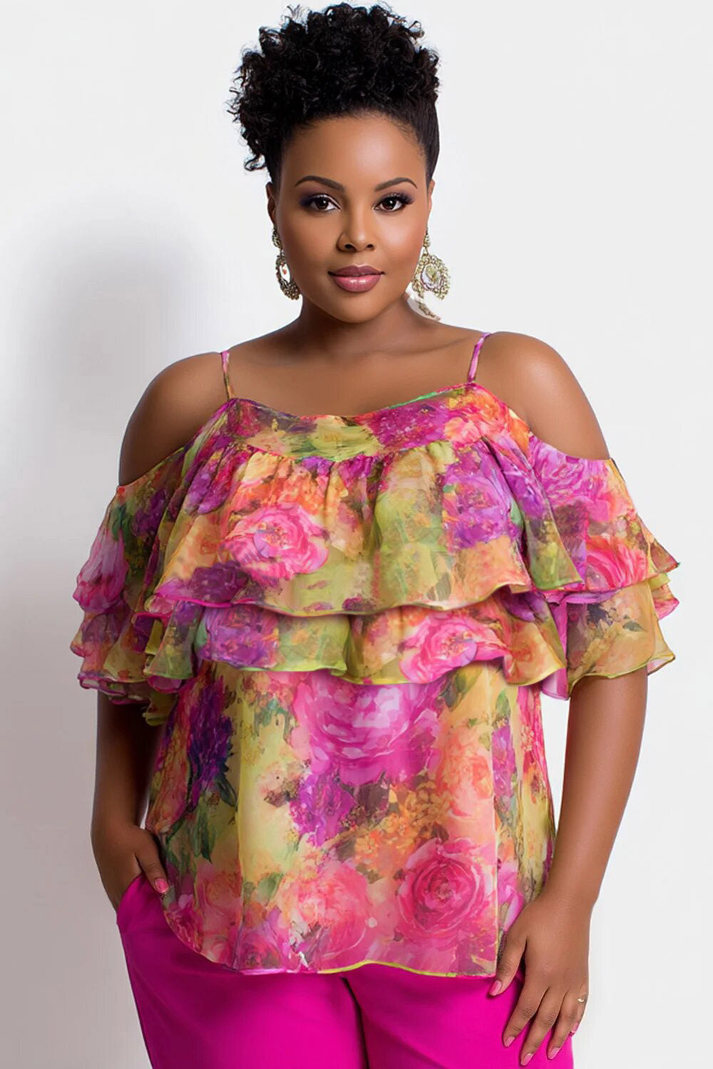 Xpluswear Design Plus Size Vacation Multicolor Floral Cold Shoulder Short Sleeve Ruffle Chiffon Tops