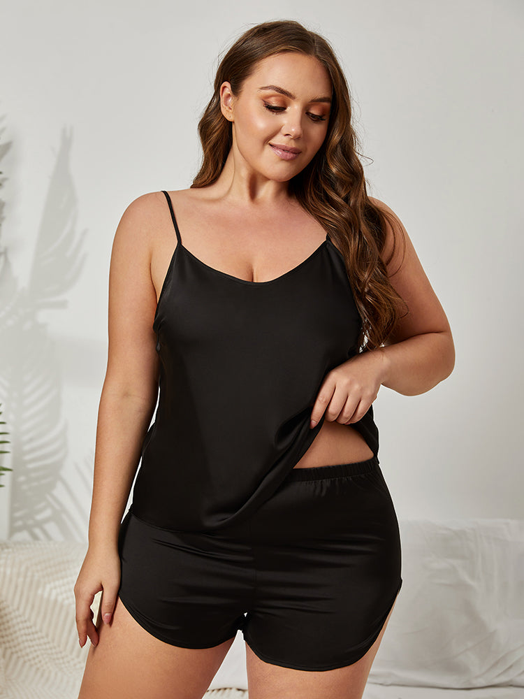 Plus Black Spaghetti Strap Split Pajama Set