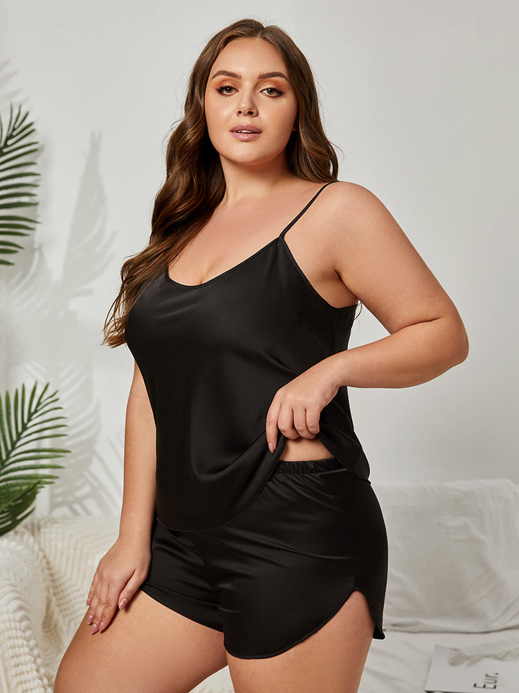 Plus Black Spaghetti Strap Split Pajama Set