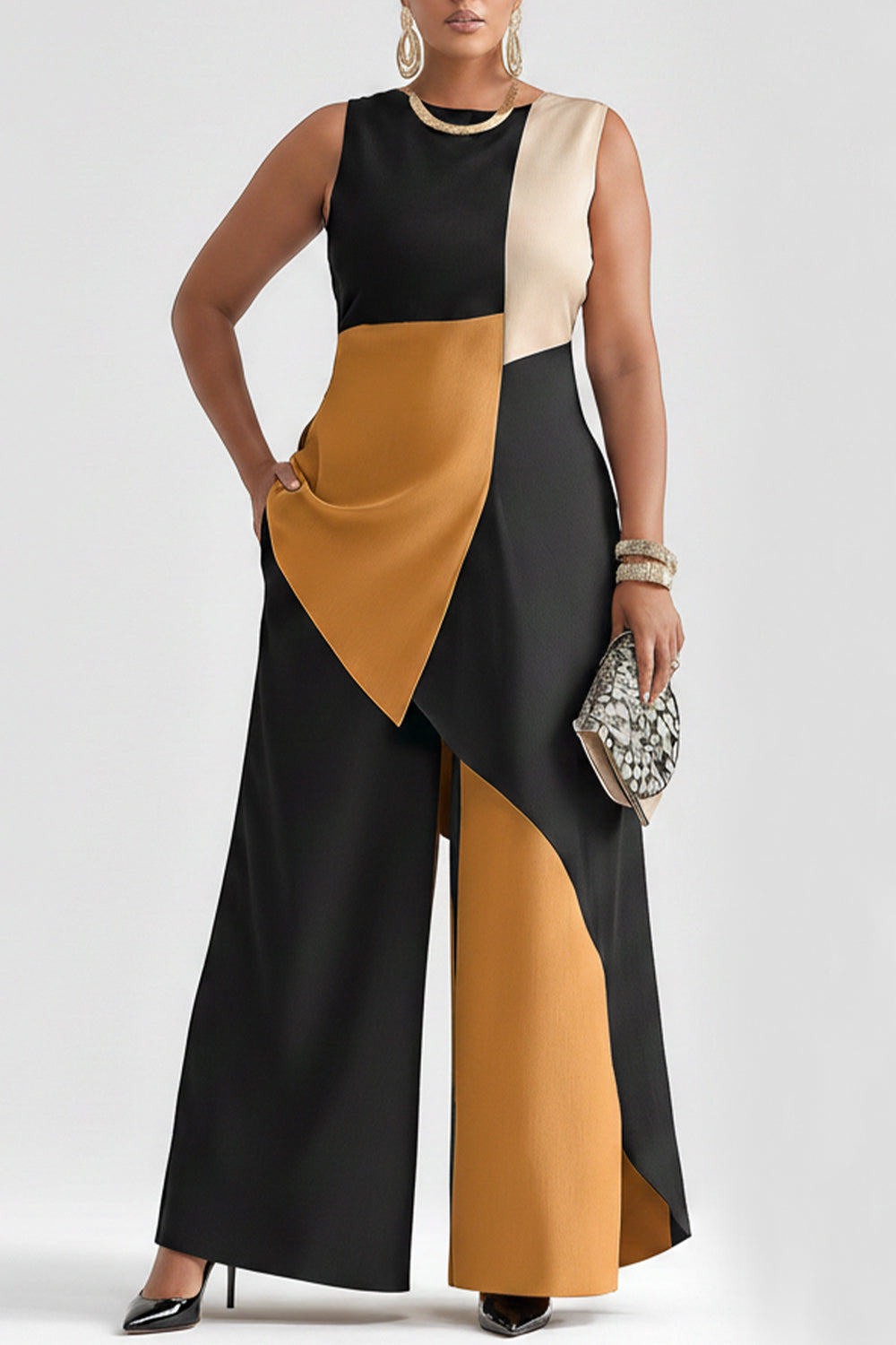 Xpluswear Design Plus Size Business Casual Multicolor Colorblock Round Neck Asymmetric Hem Pocket Two Piece Pant Sets