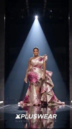 Xpluswear Design Plus Size Formal Pink Oblique Collar One Shoulder Ruffle Elegant Satin Maxi Dresses