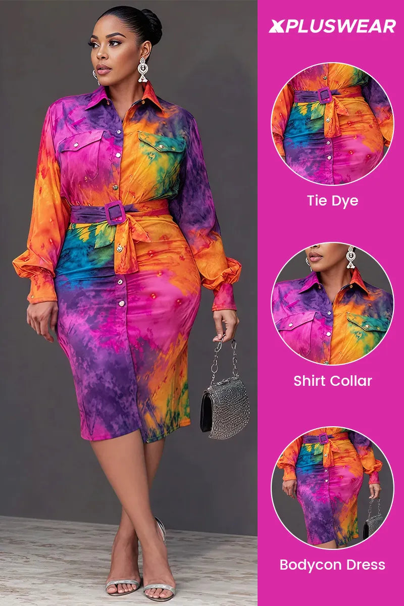 Xpluswear Design Plus Size Daily Multicolor Tie Dye Shirt Collar Lantern Sleeve Long Sleeve Bodycon Wrap Midi Dresses