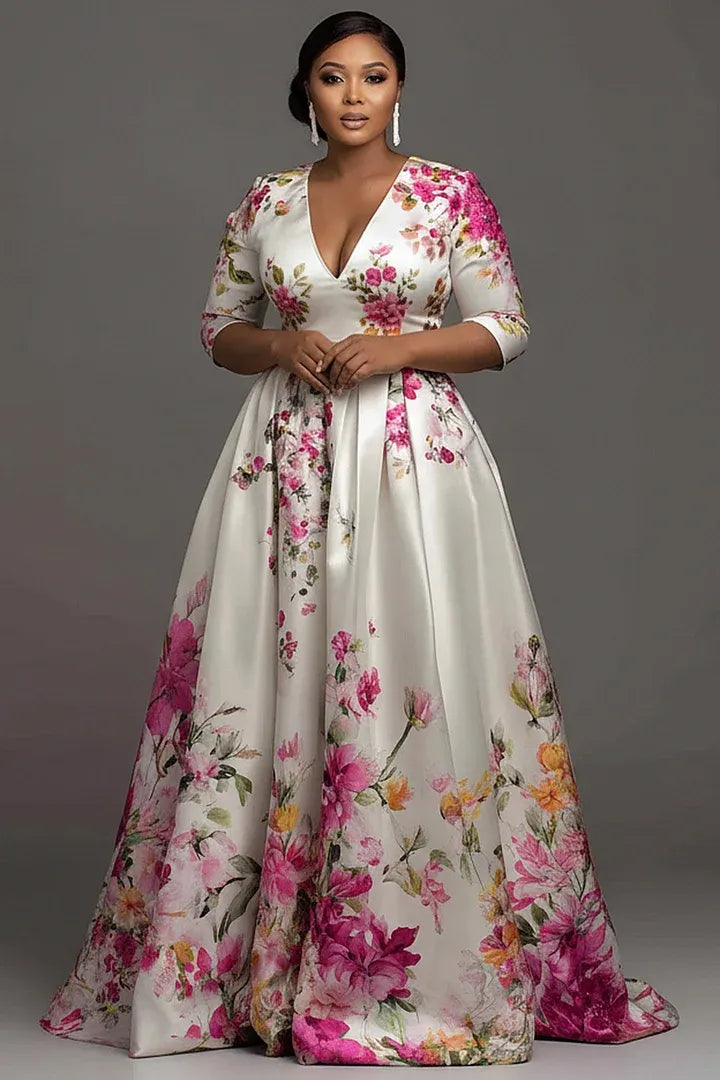 Xpluswear Design Plus Size Formal Multicolor Floral V Neck Short Sleeve Pocket Satin Maxi Dresses