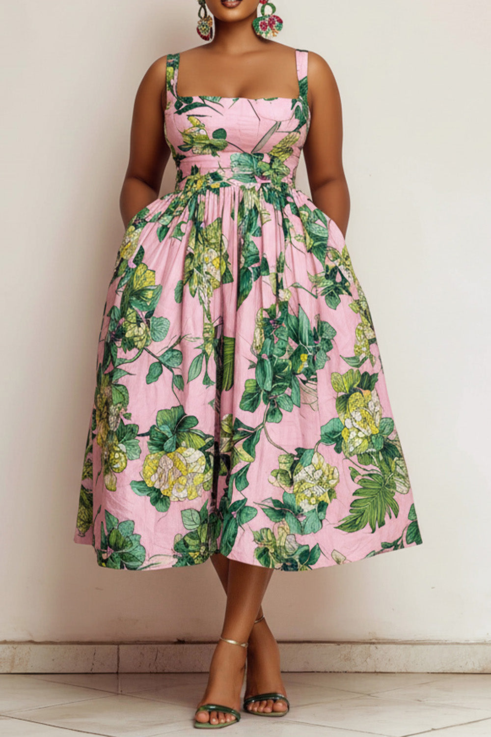 Xpluswear Design Plus Size Vacation Sundress Pink Floral Square Neck Pocket Satin Midi Dresses