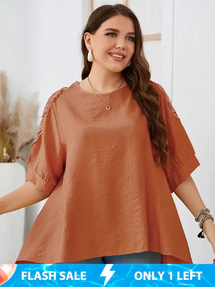 Plus Plain Embroidery Lace Puff Sleeve Ruffle Hem Tee