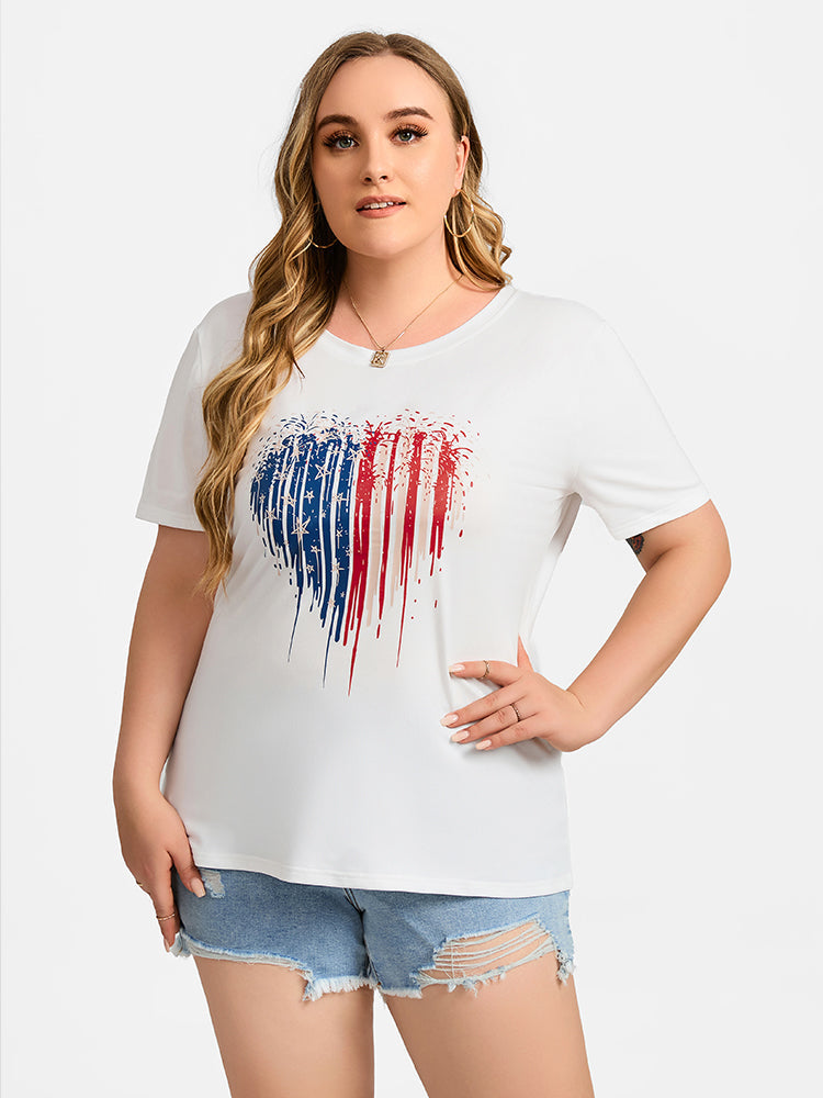 Plus White Heart Print Round Neck Graphic Tee