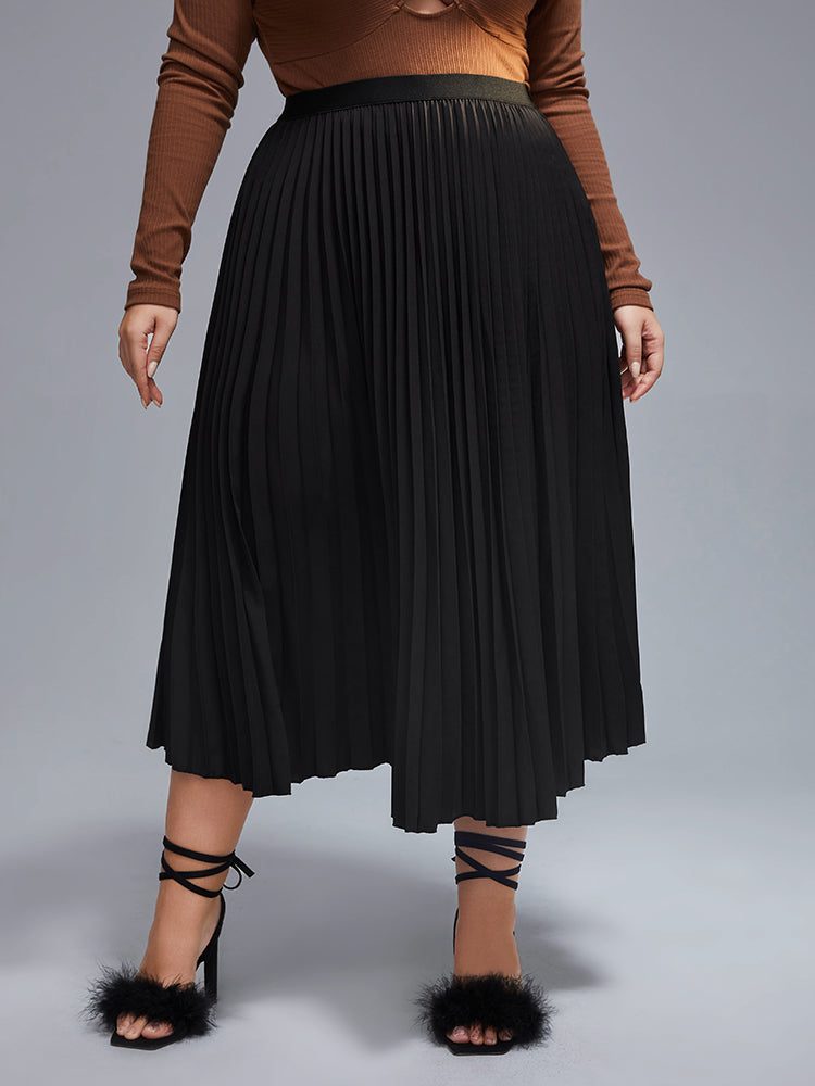 Plus Black Elastic Waist Pleated Skirt