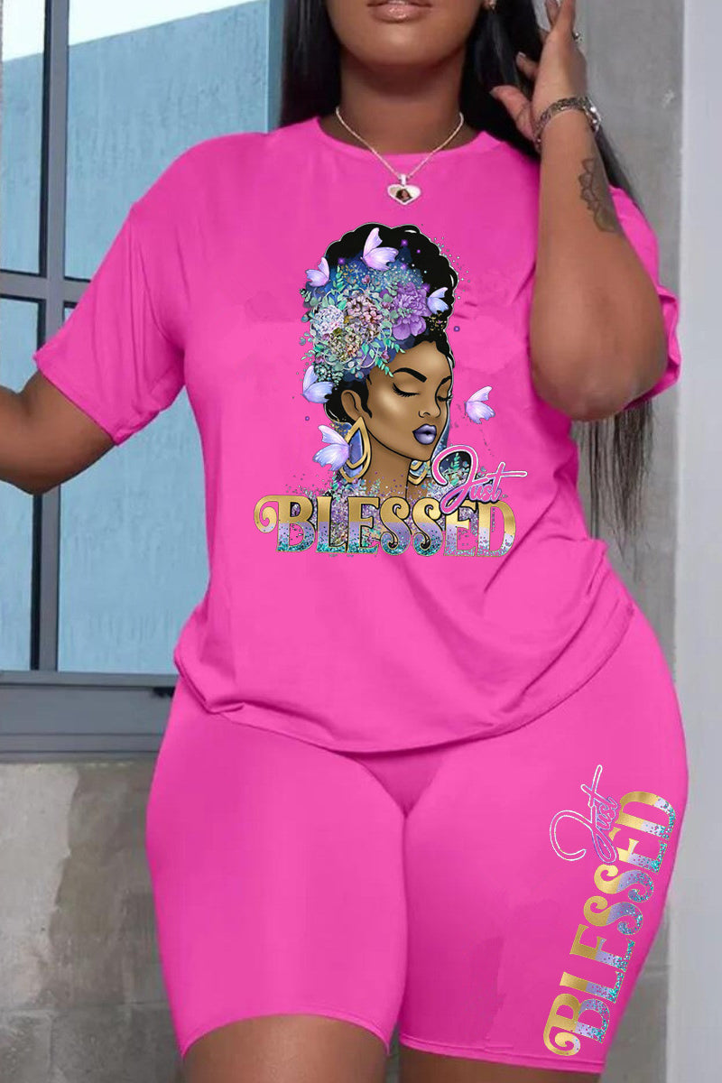Plus Size Black African Casual Letter Pattern Print Short Sleeve Short Set