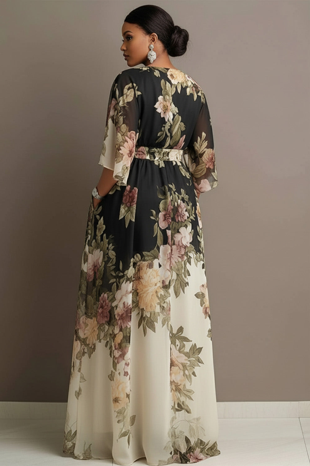 Xpluswear Design Plus Size Wedding Guest Black Floral Round Neck Flare 3/4 Sleeve Pocket 3D Chiffon Maxi Dresses