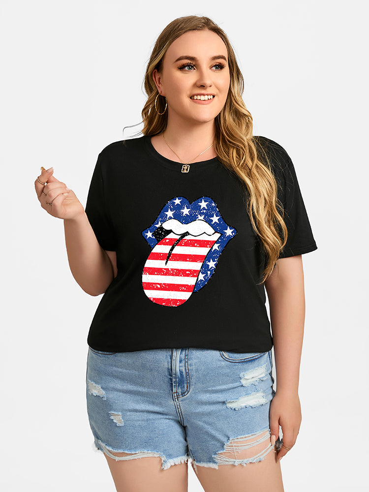Plus Black Color Tongue Print Round Neck Graphic Tee