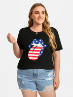 Plus Black Color Tongue Print Round Neck Graphic Tee