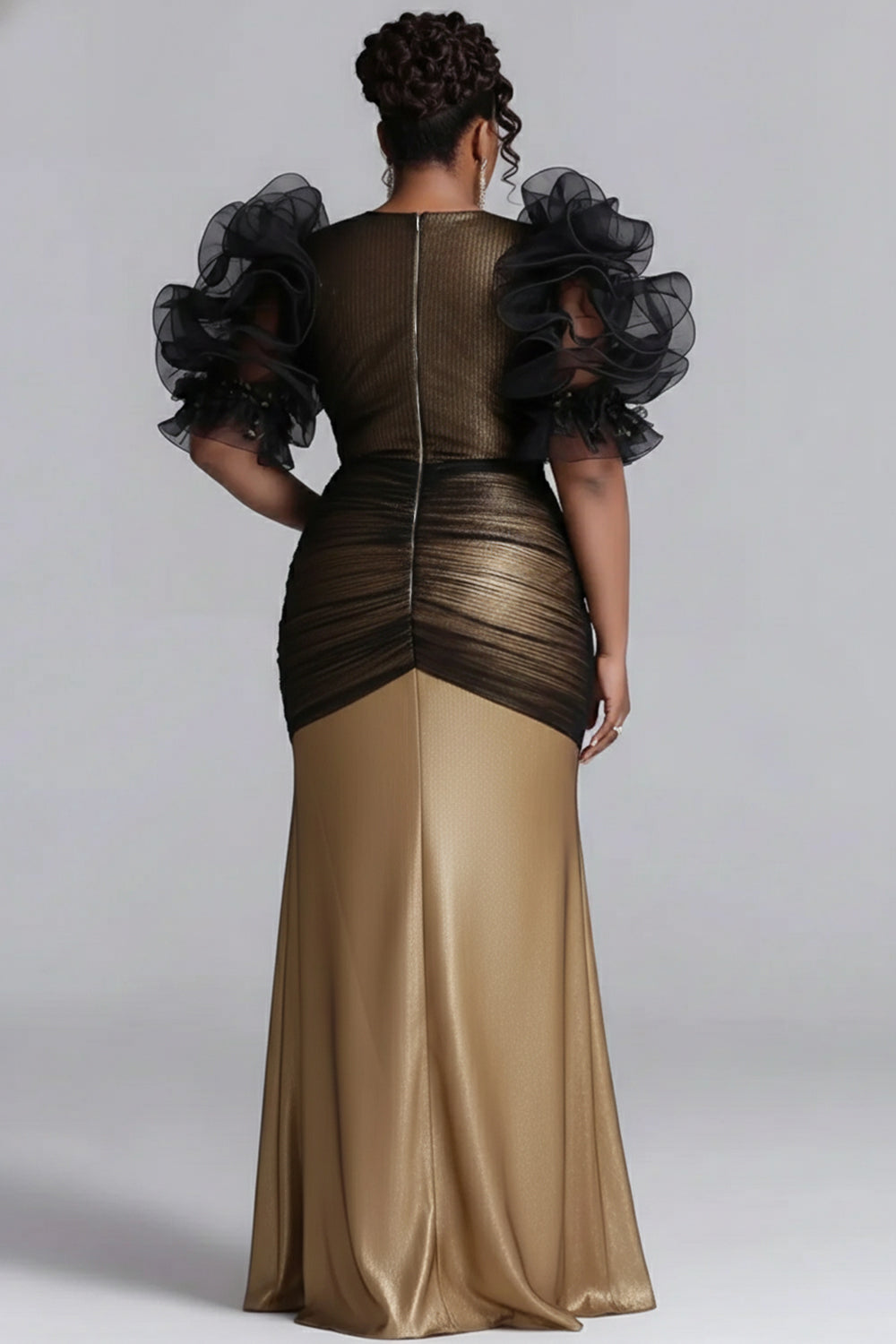 Xpluswear Design Plus Size Formal Gold Colorblock V Neck Puff Sleeve Half Sleeve Ruffled Elegant Ruffle Satin Tulle Maxi Dresses