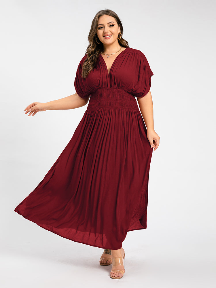 VIP V-Neck Batwing Sleeve Pocket Ruched Waist Maxi Dress