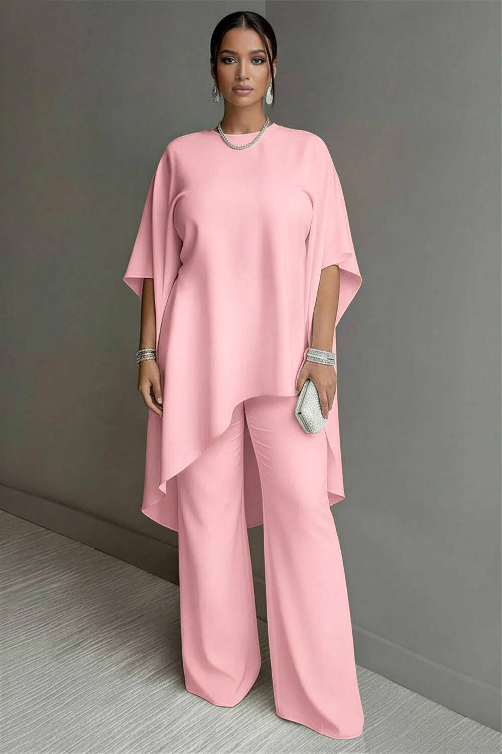 Xpluswear Design Plus Size Vacation White Round Neck Flare Half Sleeve Asymmetric Hem Pocket Two Piece Pant Sets