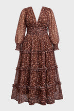 Curveins Plus Size V Neck Long Sleeve Floral Tiered Maxi Dress