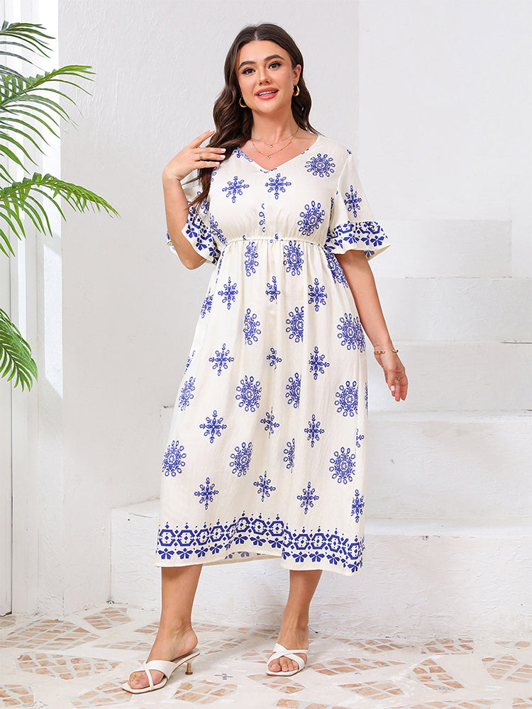 VIP Boho V-Neck Allover Print Ruffle Sleeve Dress