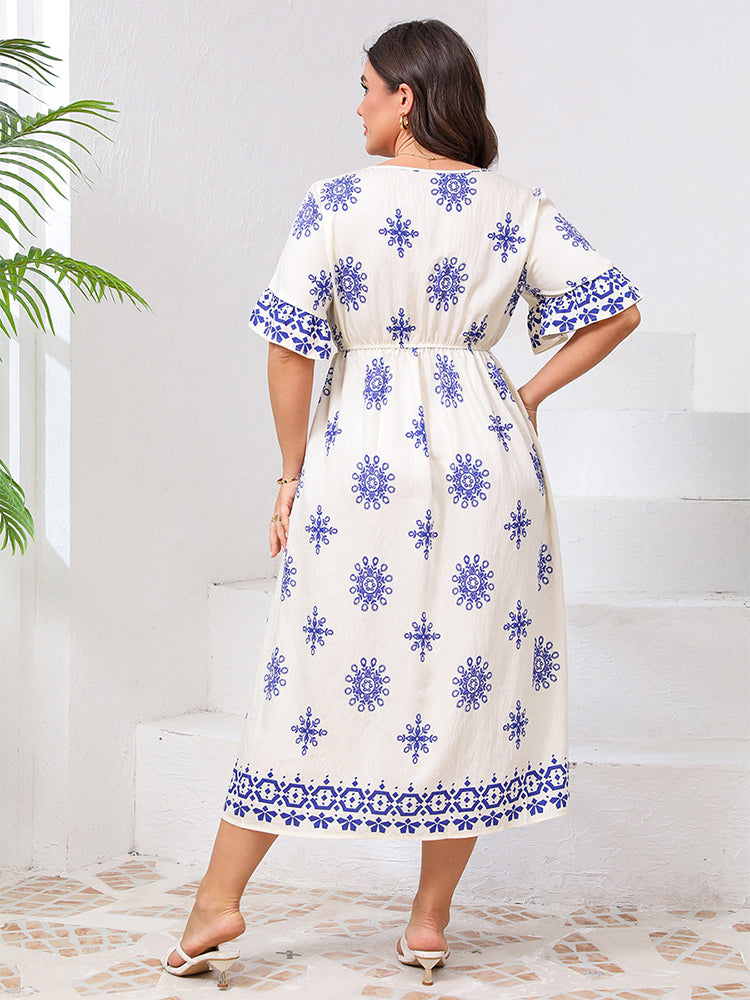 VIP Boho V-Neck Allover Print Ruffle Sleeve Dress