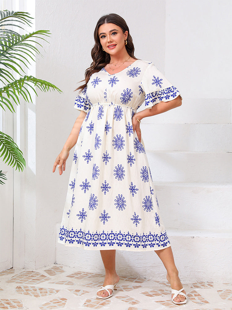 VIP Boho V-Neck Allover Print Ruffle Sleeve Dress