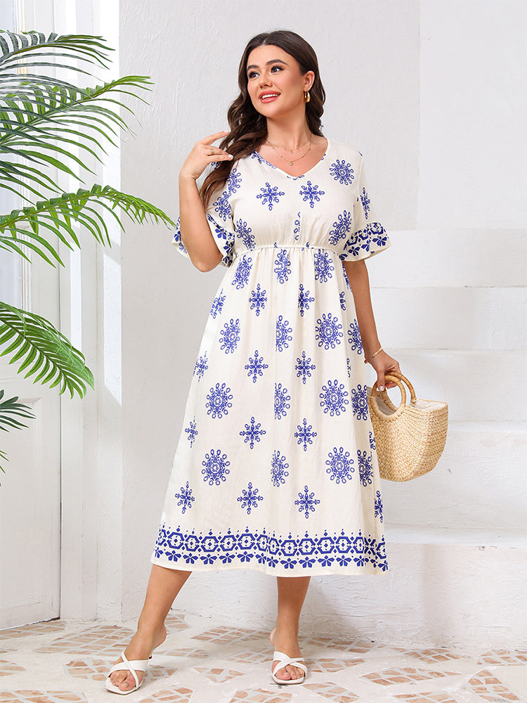 VIP Boho V-Neck Allover Print Ruffle Sleeve Dress
