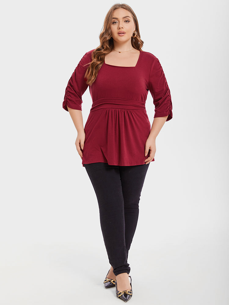 Square Neck Elastic Waist Ruched Tee