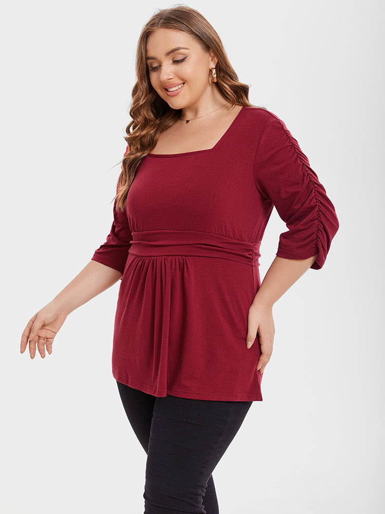 Square Neck Elastic Waist Ruched Tee